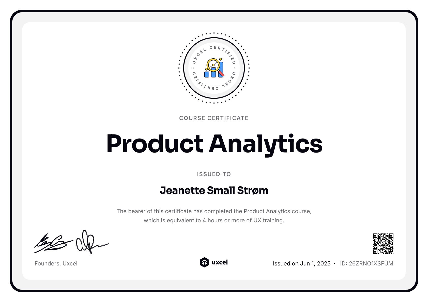 Jeanette Small Strøm's certificate